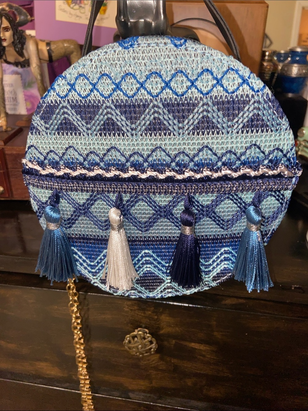 Round Woven Tassel Mini Crossbody Bag - Blue